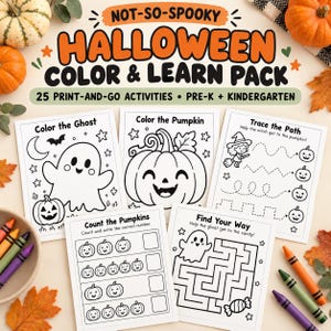 Könnte beinhalten: Ein Halloween-Mal- und Lernpaket mit 25 druckfertigen Aktivitäten für Vorschule und Kindergarten. Die Seiten enthalten schwarz-weiße Illustrationen von Geistern, Kürbissen und Labyrinthen mit Texten wie Color the Ghost und Trace the Path.