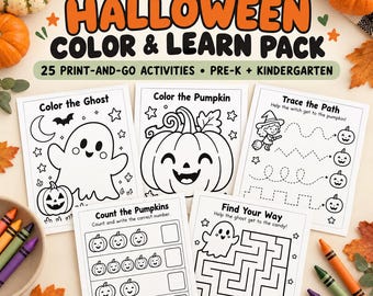 May include: A Halloween colour and learn pack featuring 25 print-and-go activities for pre-k and kindergarten. The pages include black and white illustrations of ghosts, pumpkins, and mazes with text such as Color the Ghost and Trace the Path.