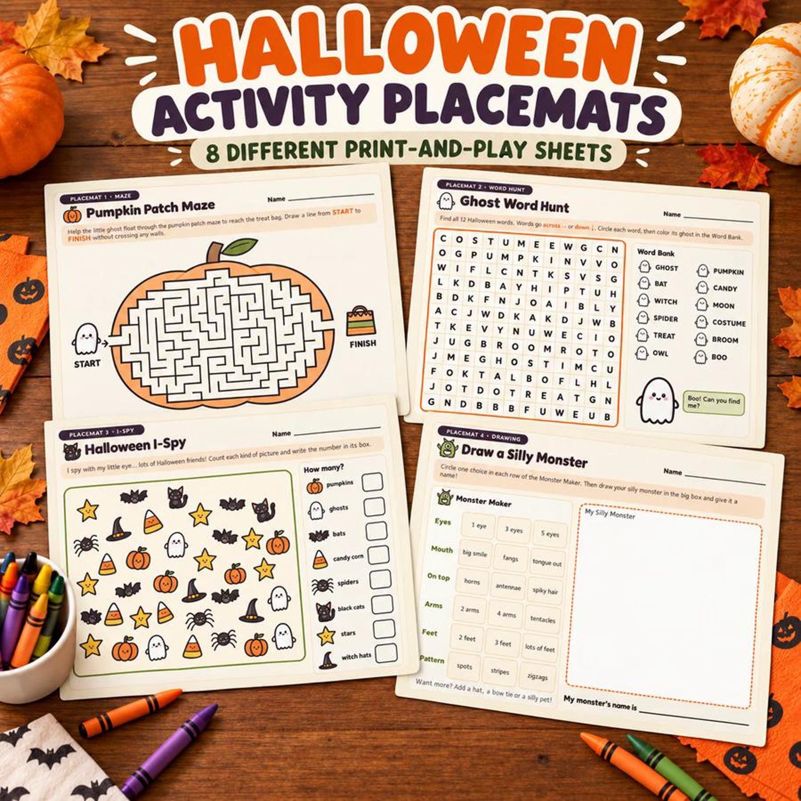 Halloween activity placemat bundle preview showing mazes, word grids and picture-search pages.