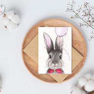Carte de souhaits, illustration d'un lapin, carte vierge, fête, aquarelle, fait au Québec