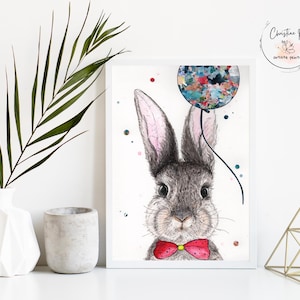 Watercolor work, unique illustration, original work on paper, rabbit poster, made in Quebec