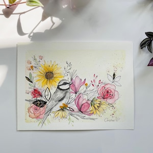 Original watercolor artwork, bird poster, unique illustration, collage, mixed media