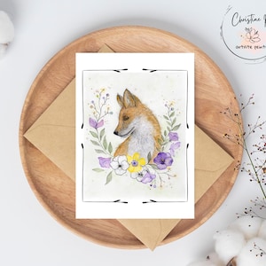 Petit renard, Carte de souhaits, illustration de renard, carte vierge, fête, aquarelle, fait au Québec
