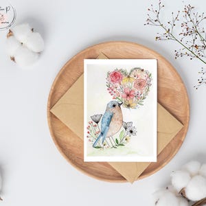 Carte de souhaits, illustration d'un oiseau, carte vierge, fête, aquarelle, fait au Québec