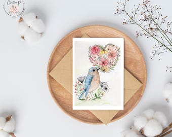 Carte de souhaits, illustration d'un oiseau, carte vierge, fête, aquarelle, fait au Québec