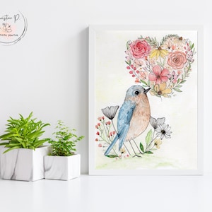 Watercolor artwork, unique illustration, original work on paper, bird poster