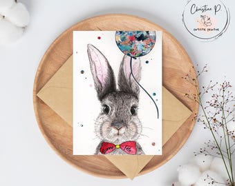 Petit lapin, Carte de souhaits, illustration de lapin, carte vierge, fête, aquarelle, fait au Québec