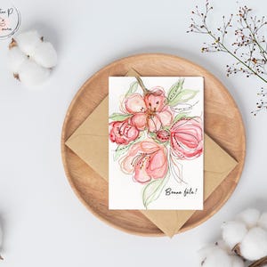 Carte de souhaits, illustration de fleurs, carte vierge, fête, aquarelle, fait au Québec