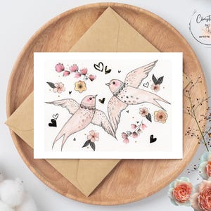 Carte de souhaits, illustration d'oiseaux, carte vierge, fête, aquarelle, fait au Québec