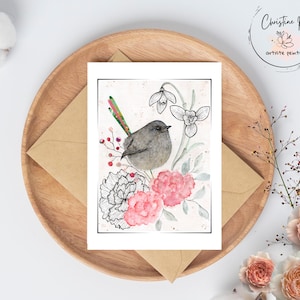Carte de souhaits, illustration d'oiseaux, carte vierge, fête, fleurs de naissance, aquarelle, fait au Québec