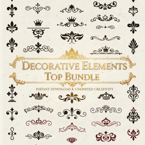 Peut inclure: Une collection d'éléments de design décoratifs noirs, bruns et bordeaux, comprenant des volutes, des couronnes et des motifs floraux. Le texte "KJ STEPS" et "DECORATIVE ELEMENTS TOP BUNDLE" sont affichés. La phrase "INSTANT DOWNLOAD & UNLIMITED CREATIVITY" est également visible.