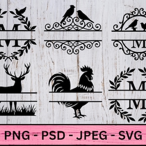 Peut inclure: Plusieurs motifs noirs en silhouette représentant des oiseaux, des cerfs et un coq, avec des cadres décoratifs et des espaces pour le texte. Les motifs sont aux formats PNG, PSD, JPEG et SVG.