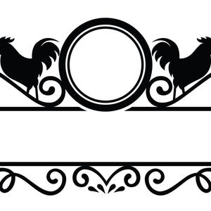 May include: Black silhouette design featuring two roosters perched on decorative scrollwork, flanking a central circular space. Below, a stylized flourish adds further detail. This design is suitable for various craft projects.