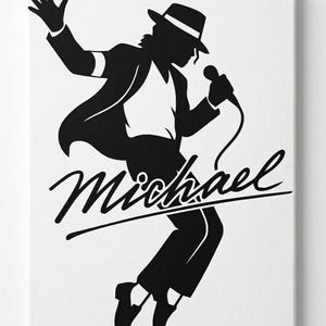 Peut inclure: Silhouette noire et blanche d'une personne en chapeau et costume, tenant un microphone et prenant une pose de danse. Le nom "Michael" est écrit en cursive en dessous.