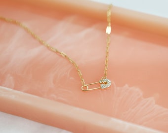 Safety First Necklace | Safety Pin Necklace | 18k Gold Plated | Paperclip Pendant | Gold Rhinestone Jewelry | 925 Sterling Silver