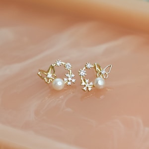 Talulla Earrings | Butterfly Earrings | Pearl Earrings | 925 Sterling Silver with 14k Gold Plating, Rhinestone & Freshwater Pearl