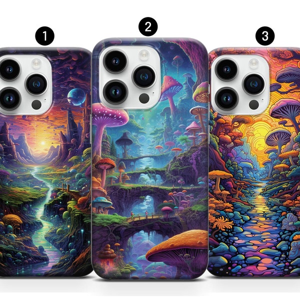 Étui de téléphone paysage psychédélique, Cool Trippy Cover iPhone 15 14 Pro Max 13 12 11 XR XS 8 Samsung S10 S21FE Plus S23 A54 Note10+