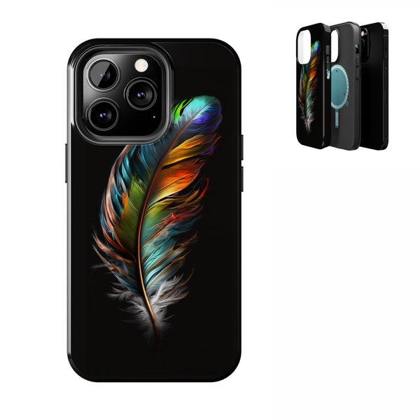 Rainbow Feather Magsafe Phone Case, Bird Fine Feather Cover Tough Magsafe Glossy for iPhone 15 14 13 12 Pro Max Plus Mini