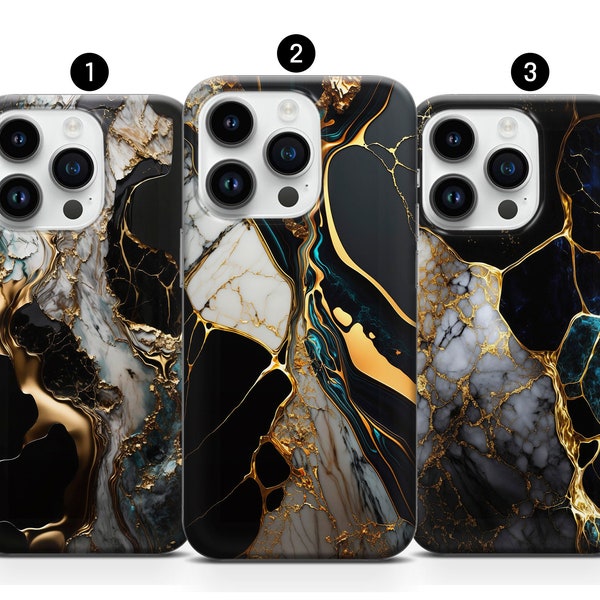 Black Blue Gold Marble Phone Case, Aesthetic Dark Cover iPhone 15 14 Pro Max 13 12 11 XR XS 8 Samsung S10 S21FE Plus S23 A34 A54 Note10+