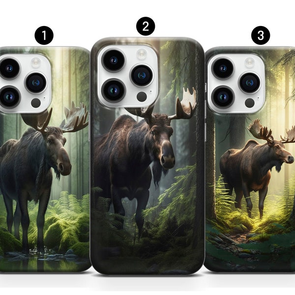 Huge Moose Phone Case, Mysterious Forest Elk iPhone 15 14 Pro Max 13 12 11 XR XS 7 8 SE Mini Samsung S10 S21FE Plus S23 A34 A54 Note10+