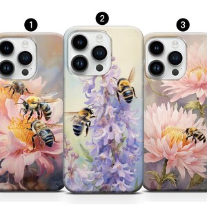 Flowers with Bees Phone Case, Summer Floral Cover iPhone 15 14 Pro Max 13 12 11 XR XS 7 8 SE Mini Samsung S23 S24 A13 A34 A54 Note