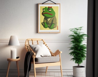 Playful Frog in Retro Japanese Style:, Instant Download Printable Home Decor, Digital Poster Wall Art Gift, Downloadable digital Art