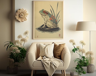Playful Frog in Retro Japanese Style:, Instant Download Printable Home Decor, Digital Poster Wall Art Gift, Downloadable digital Art