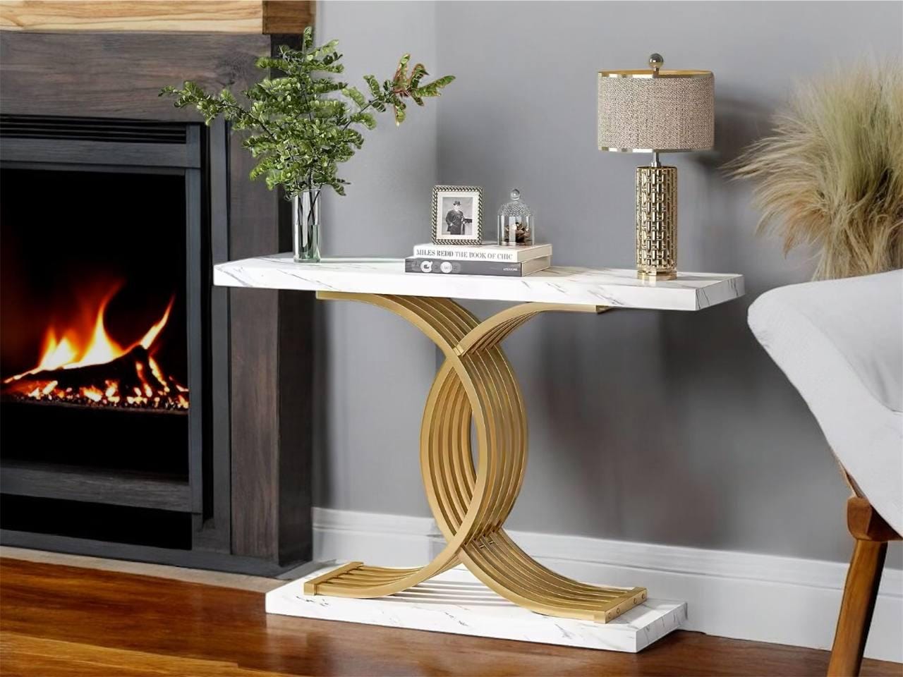 SDHYL Modern Console Table - White Faux Marble Top With Gold Metal Legs, 43.3x11.8x31.5 Inch Narrow Entryway Sofa Table With Shelf