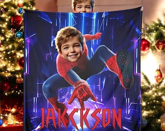 Personalized Spider-Man Blanket with Kids’ Photo & Name – Custom Superhero Gift for Boys and Girls