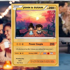 Tarjeta de entrenador de pareja personalizada, tarjeta de amor de metal personalizada para él y para ella, aniversario, boda, recuerdo de gamer, tarjeta de aniversario de anime