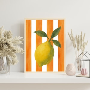 Poster di limoni acquerellati con strisce arancioni | Poster decorativo per cucina fruttata | Carta opaca FSC | da 13x18 a 30x40 cm