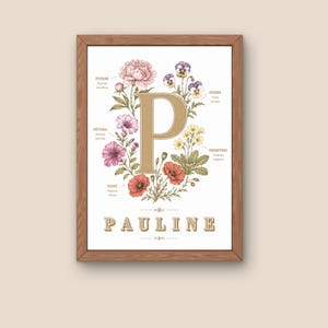 May include: A framed botanical print featuring a large gold letter P surrounded by illustrations of peonies, pansies, petunias, poppies, and primroses. Below the floral arrangement, the name PAULINE is printed in gold capital letters.