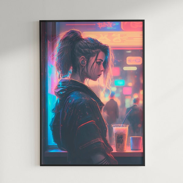 Rainy Noodle Cafe - Cyberpunk Futuristic Styled Ramen Cafe - Digital Art Wall Poster Print