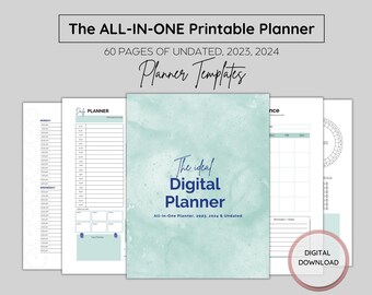 May include: A digital planner with a blue and green watercolor background. The text "The ideal Digital Planner" is in the center of the image. The text "All-in-One Planner, 2023, 2024 & Undated" is below the title. The text "60 PAGES OF UNDATED, 2023, 2024 Planner Templates" is at the top of the image. The text "DIGITAL DOWNLOAD" is in the lower right corner of the image.