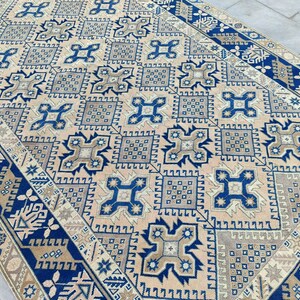 6x9 Turkish rug blue, Vintage rug 6x9 oushak, Persian 6x9 rug heriz, Living 6x9 bedroom rug, Neutral soft blue rug, Geometric area rug 6x9