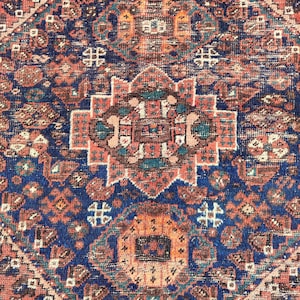 Rare 7x10 Antique Shiraz rug Coral color, Persian rug 7x10 Heriz navy, Kurdish area rug, Afghan rug, Malayer rug 7x10 vintage, Caucasian rug