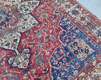 10x13 Heriz area rug, Oversize persian rug 10x13, Antique 10x13 living room rug, Serapi rug, Red blue area rug 10x13 vintage, Malayer rug