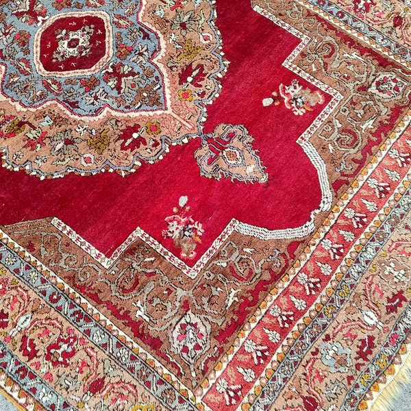5x7 rug vibrant red, Persian 5x7 heriz rug, Afghan rug, Turkmen rug, Vintage 5x7 Turkish rug red color, Herki rug, Caucasian rug 5 by 7