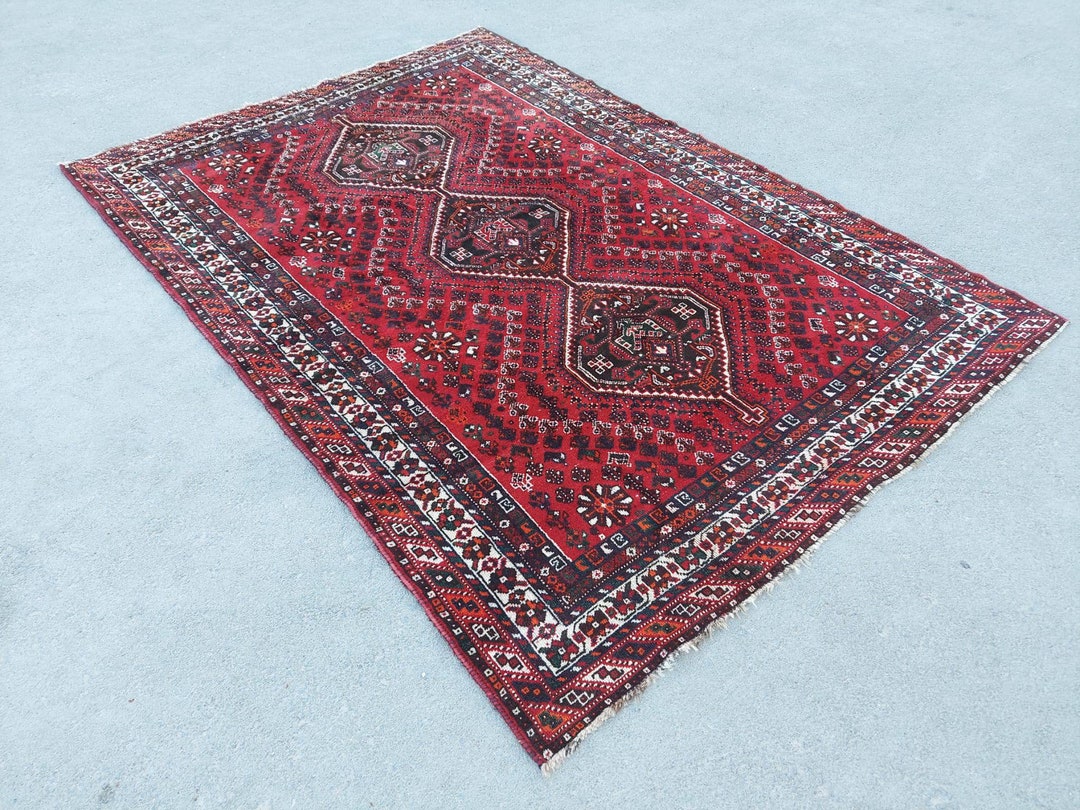 Persian Rug 6x9, Shiraz Rug, Heriz Rug 6x9, Dark Red Turkish Rug 6x9