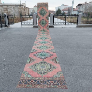 3 x 35 piedi lungo runner turco fatto a mano: colorato lungo runner Vintage oushak Lana 3 x 35 piedi