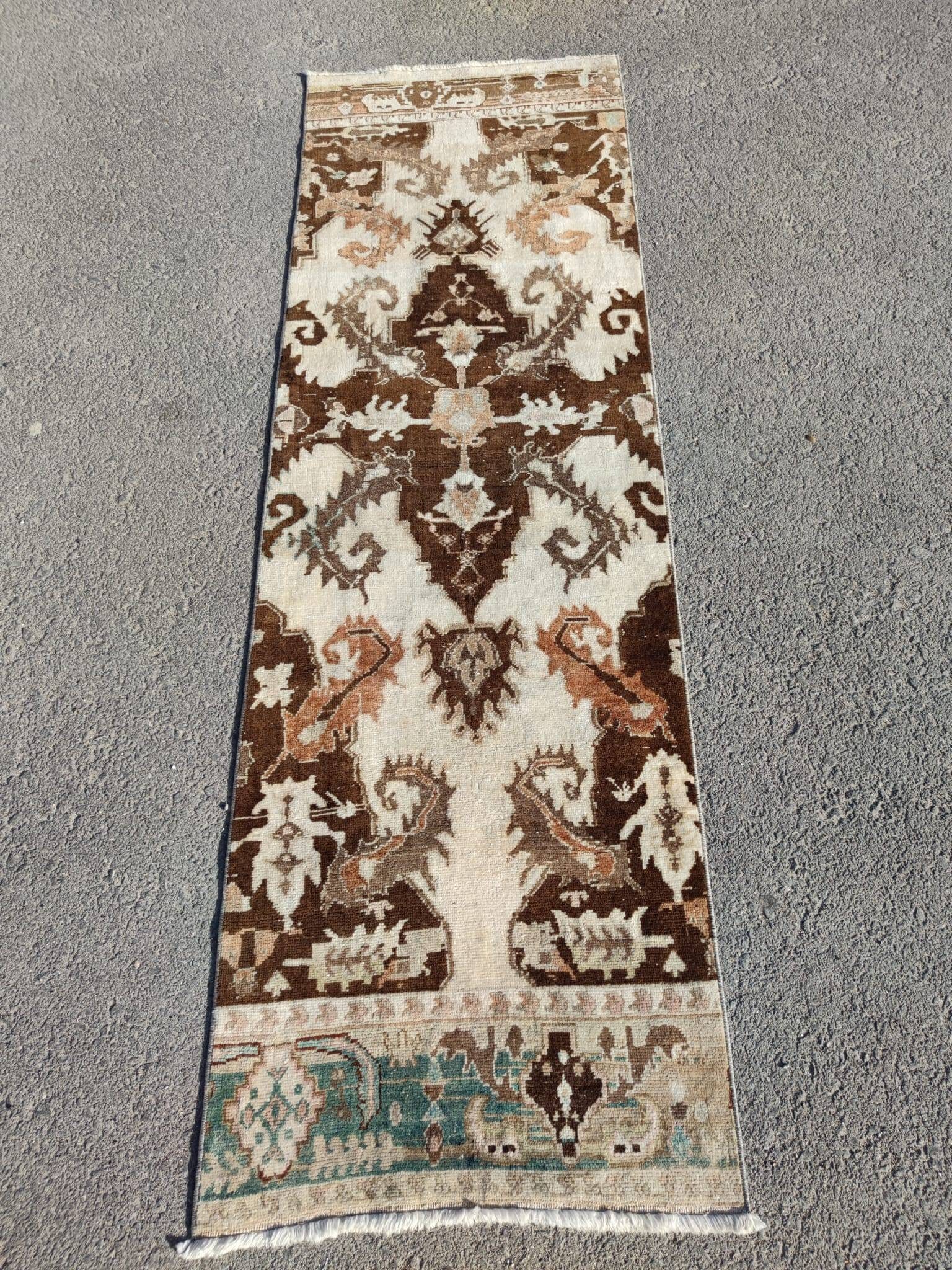 2x7 トルコランナー ブラウン、スキニーランナーラグ、ヴィンテージ