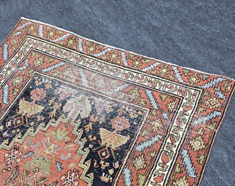 希少な Heriz ラグ 4x6、ネイビー アンティーク ラグ 4x6、ペルシャ