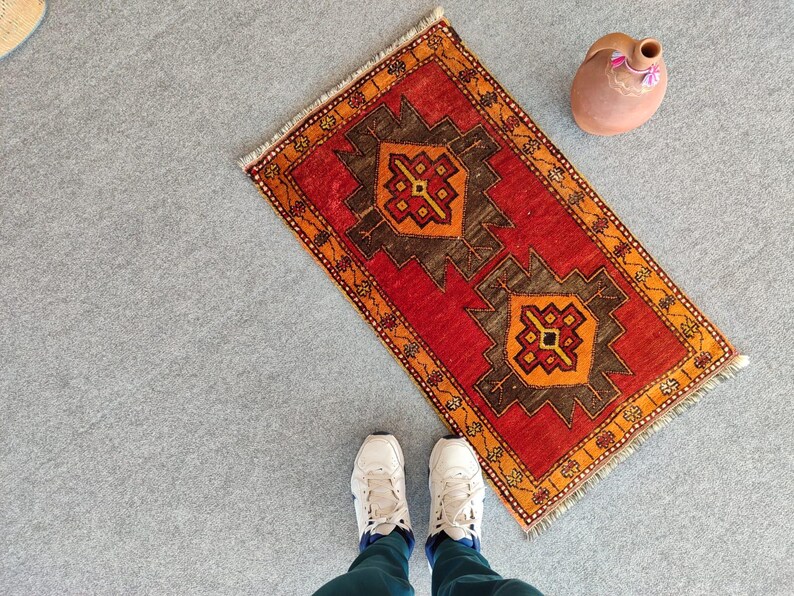 2x3 Small Antique Rug Vibrant Red Color, Skinny Rug, Turkish Rug 2x3