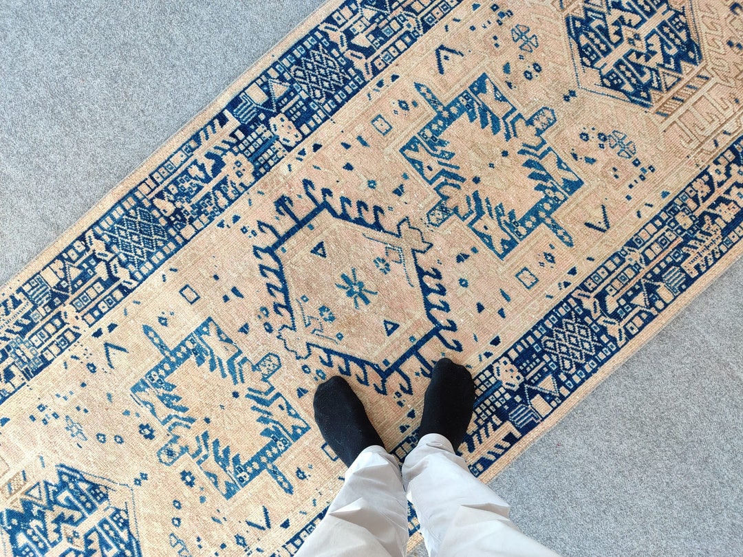 3x11 Neutral Turkish Runner Blue Persian Runner 3x11 Heriz Etsy