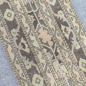 Può includere: Un tappeto rettangolare con un motivo dettagliato e ripetuto. Il tappeto presenta una striscia centrale marrone affiancata da bordi più chiari beige e verdi. Il design include forme geometriche e motivi floreali.