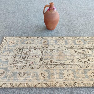 May include: A light beige rug with a brown and blue patterned design. The rug has a central rectangular panel with a floral design and a border with a geometric pattern.