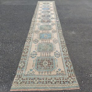 Alfombra de pasillo de 4x20 de lana turca Oushak geométrica: alfombra de pasillo vintage extra larga y grande para pasillo
