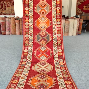 2.7 x 11.4 ft, Red Turkish runner 3x11, Afghan runner rug 3x11 Vintage, Kurdish herki runner 3x11, Dark Persian heriz runner 3x11 Kitchen