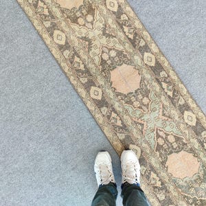 2x12 Runner Turkish Vintage Oushak, Persian runner 2x12, Skinny runner rug, Muted neutral runner rug 2x12, Heriz runner rug, Kitchen rug 12