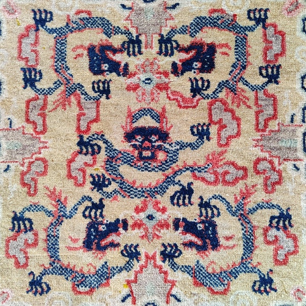China rug, Art decor rug, Dragon pattern rug, Doormat rug 3x3, Chinese rug, Square rug, Vintage rug 3x3, Soft pile rug, Rare Antique rug 3x3